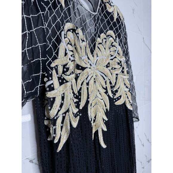 Beaded Silk Laurence Kazar Evening Gown Large VTG Dress Black White Regal Art - Picture 3 of 16